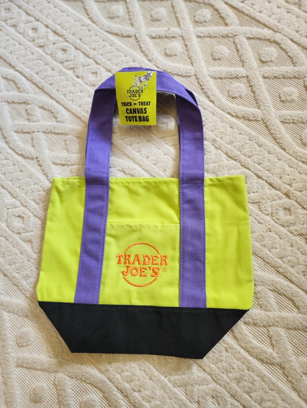 2026 TRADER JOES Lime Green, BLACK  & Purple MINI Canvas Tote Bag